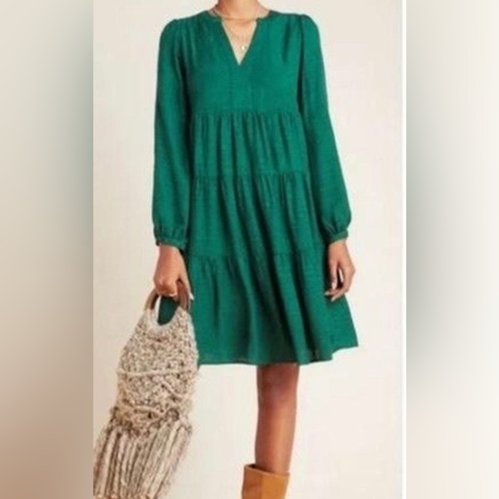 ANTHRO Maeve Green Long Sleeve Tiered Dress Medium